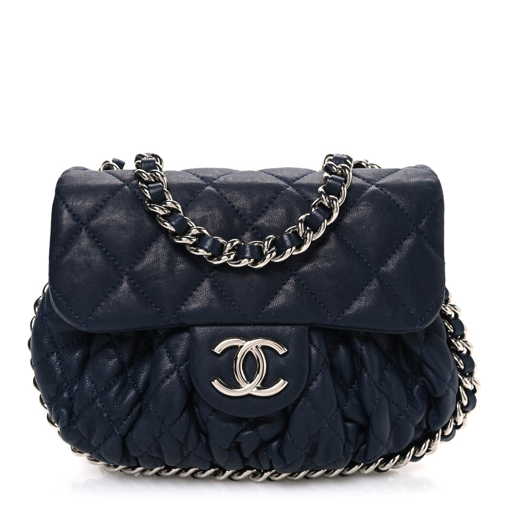 Chanel Washed Lambskin Quilted Mini Chain Around Messenger Navy Blue