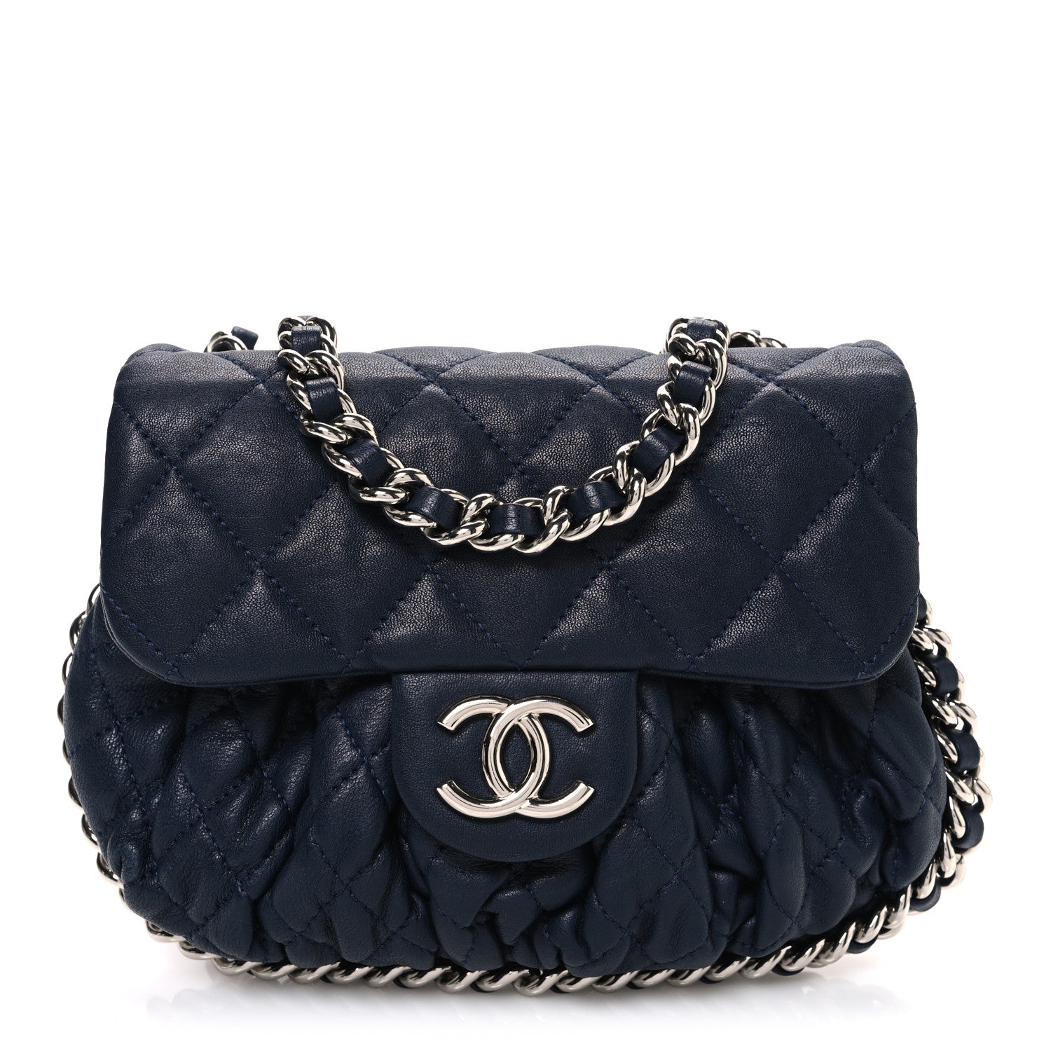 Chanel Washed Lambskin Quilted Mini Chain Around Messenger Navy Blue