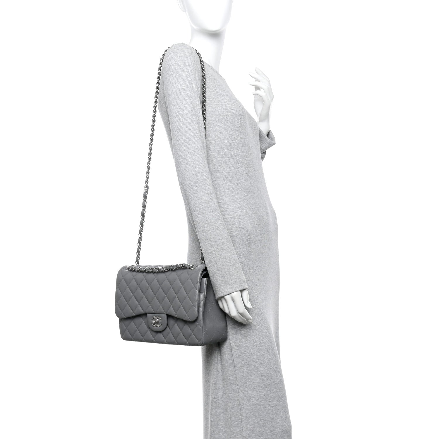 Chanel Caviar Quilted Jumbo Double Flap Grey
