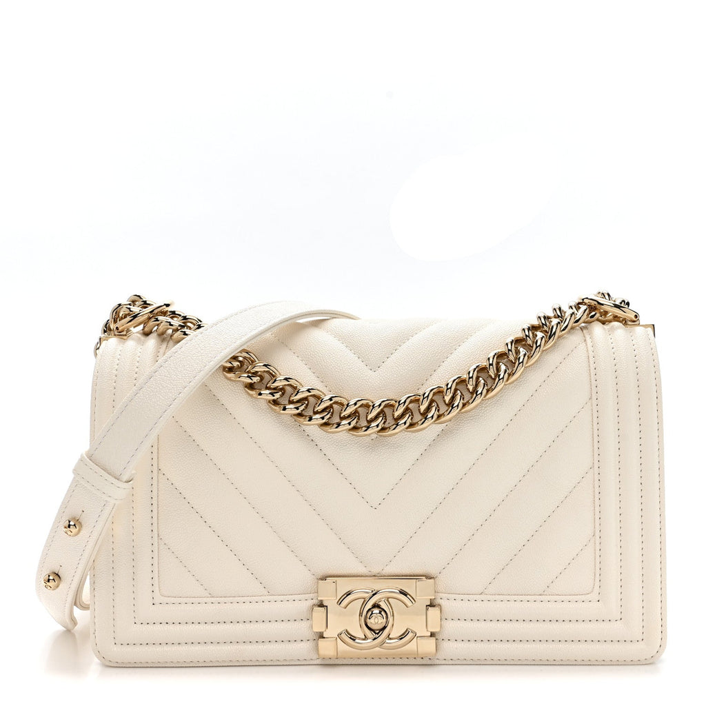 Chanel Caviar Chevron Quilted Medium Boy Flap White