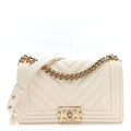 Chanel Caviar Chevron Quilted Medium Boy Flap White