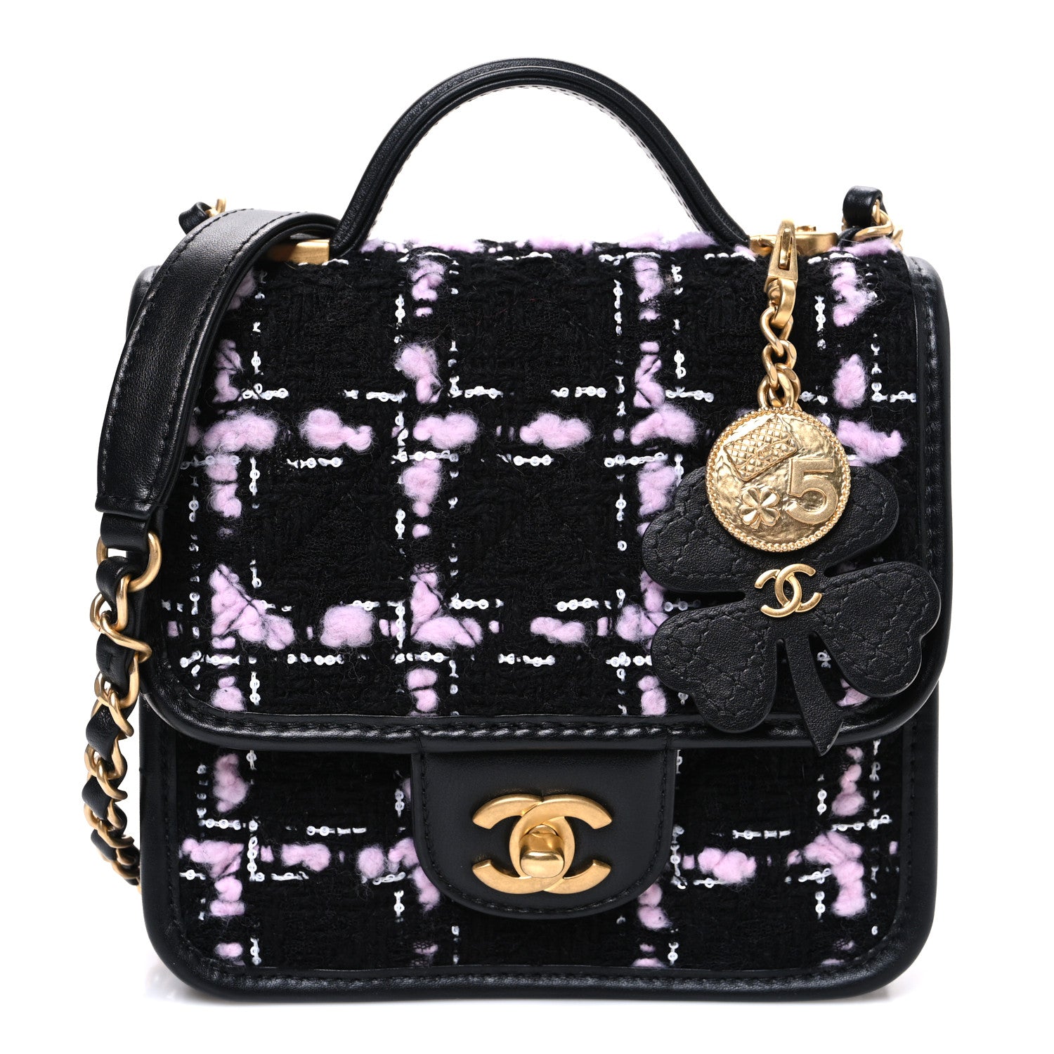 Chanel Tweed Calfskin School Memory Mini Top Handle Flap Black Pink White