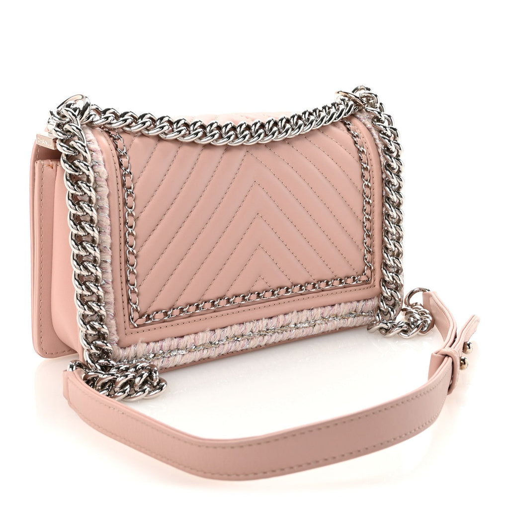 Chanel Calfskin Chevron Tweed Medium Boy Flap Pink