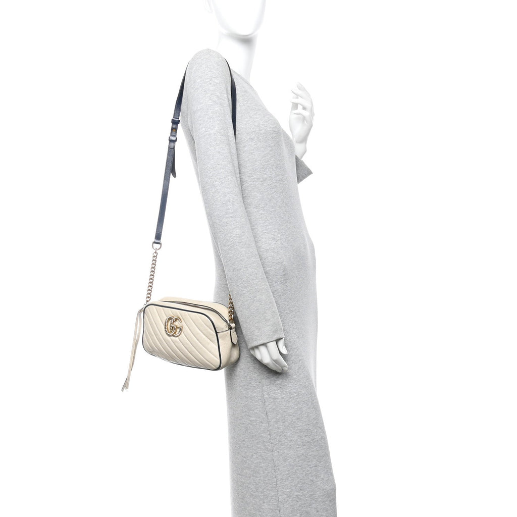 Gucci Vintage Effect Calfskin Matelasse Diagonal Small Torchon GG Marmont Chain Shoulder Bag Mystic White Blue Agata