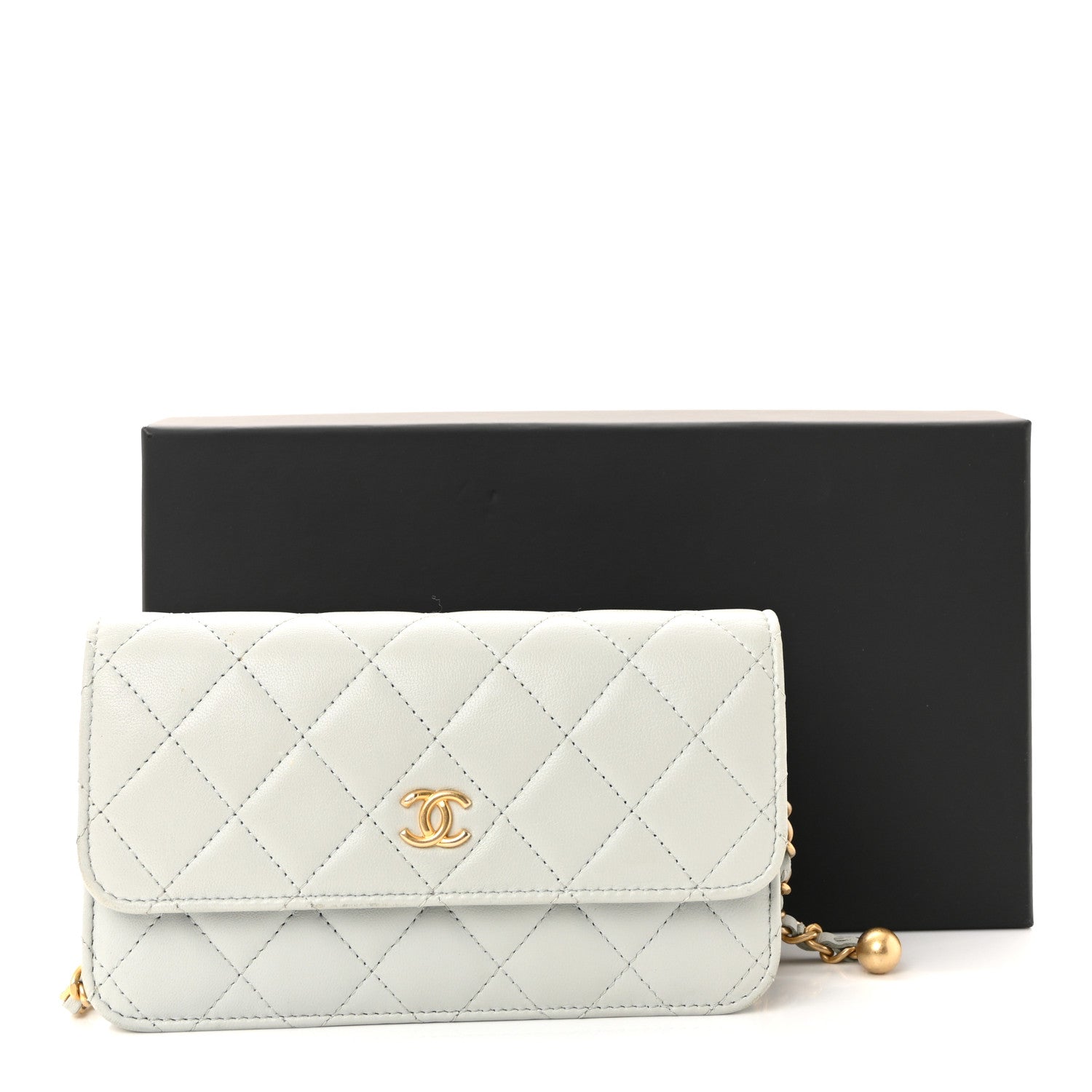 Chanel Lambskin Pearl Crush Quilted Flap Phone Holder With Chain Light Grey