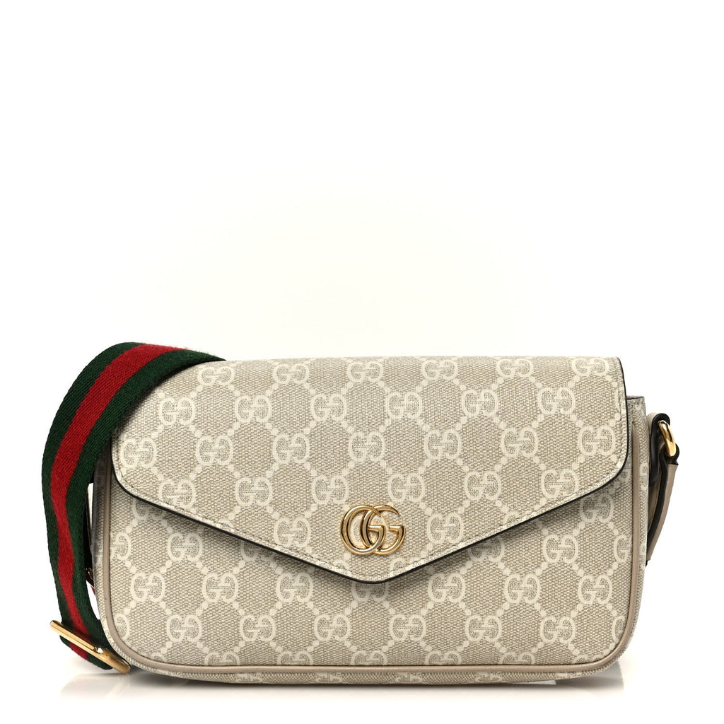 Gucci GG Supreme Monogram Textured Dollar Calfskin Web Mini Ophidia Envelope Shoulder Bag Beige Mystic White Oatmeal