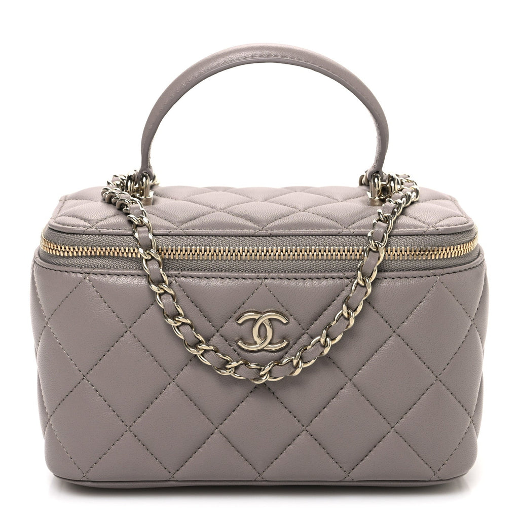 Chanel Lambskin Quilted Small Top Handle Vanity Case With Chain Dark Grey