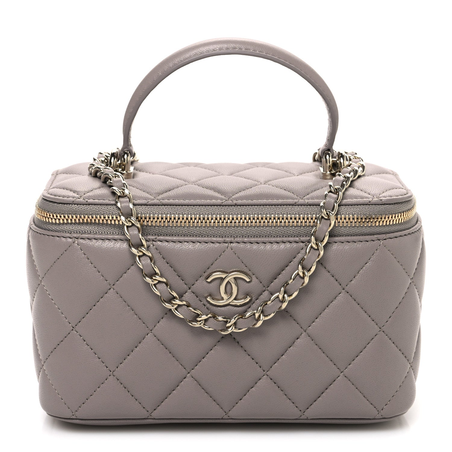 Chanel Lambskin Quilted Small Top Handle Vanity Case With Chain Dark Grey