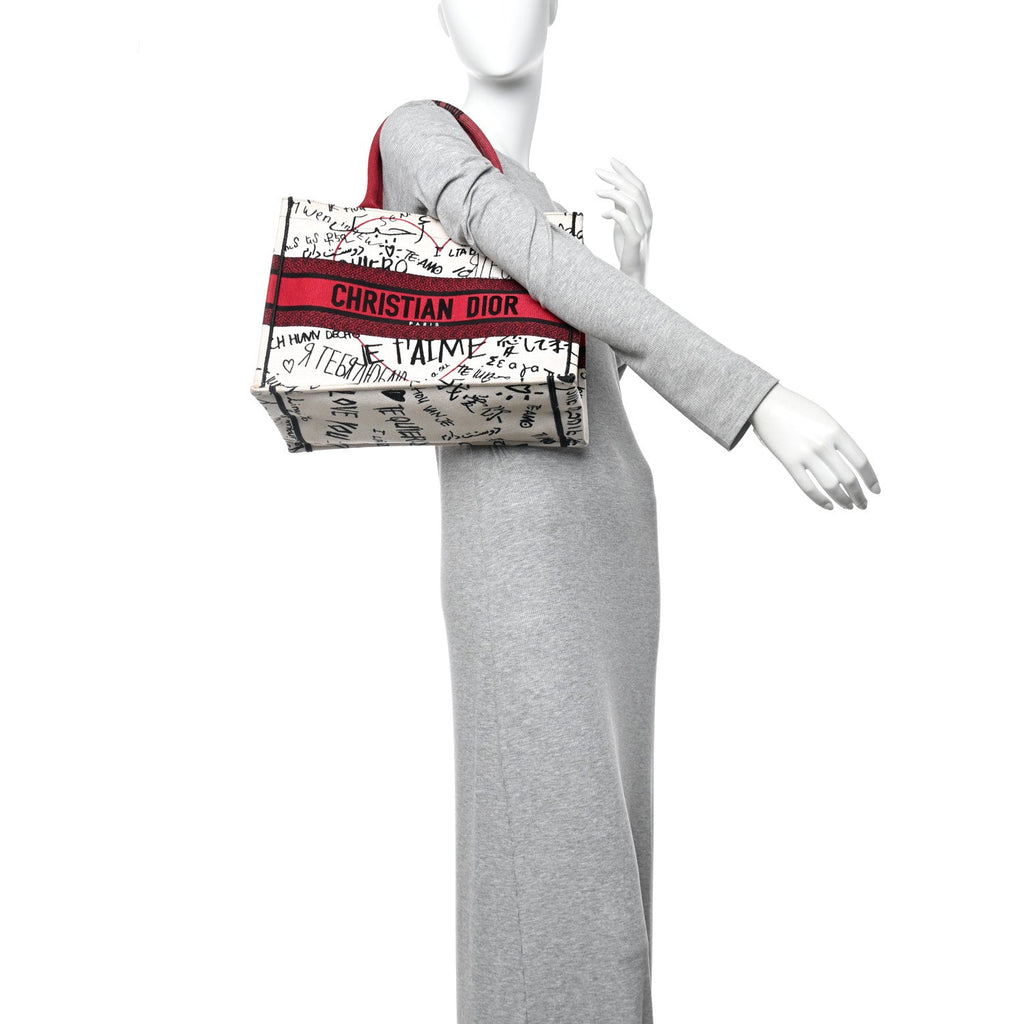 Christian Dior Canvas Embroidered Medium Dioramour Graffiti Book Tote Latte Multicolor