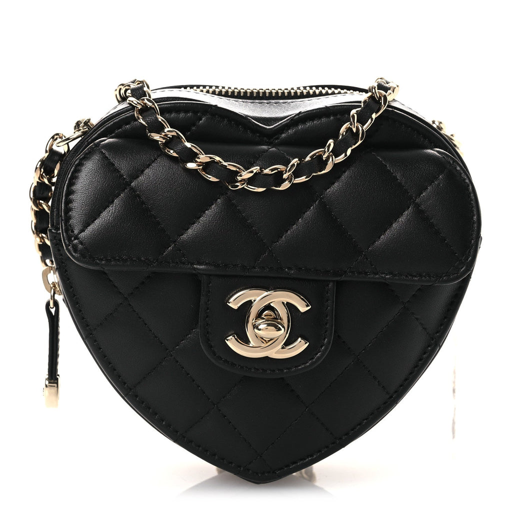 Chanel Lambskin Quilted CC In Love Heart Clutch With Chain Black