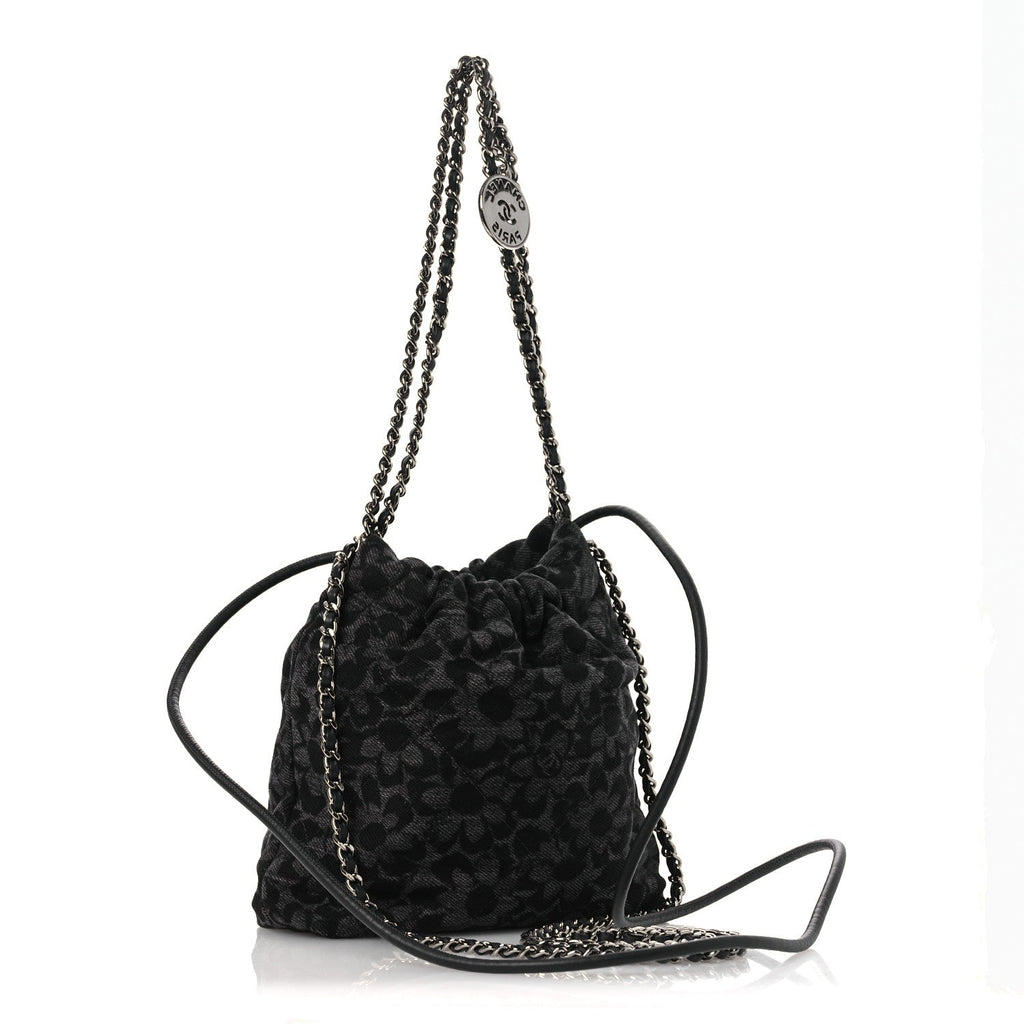 Chanel Denim Quilted Floral Print Mini Chanel 22 Black Grey
