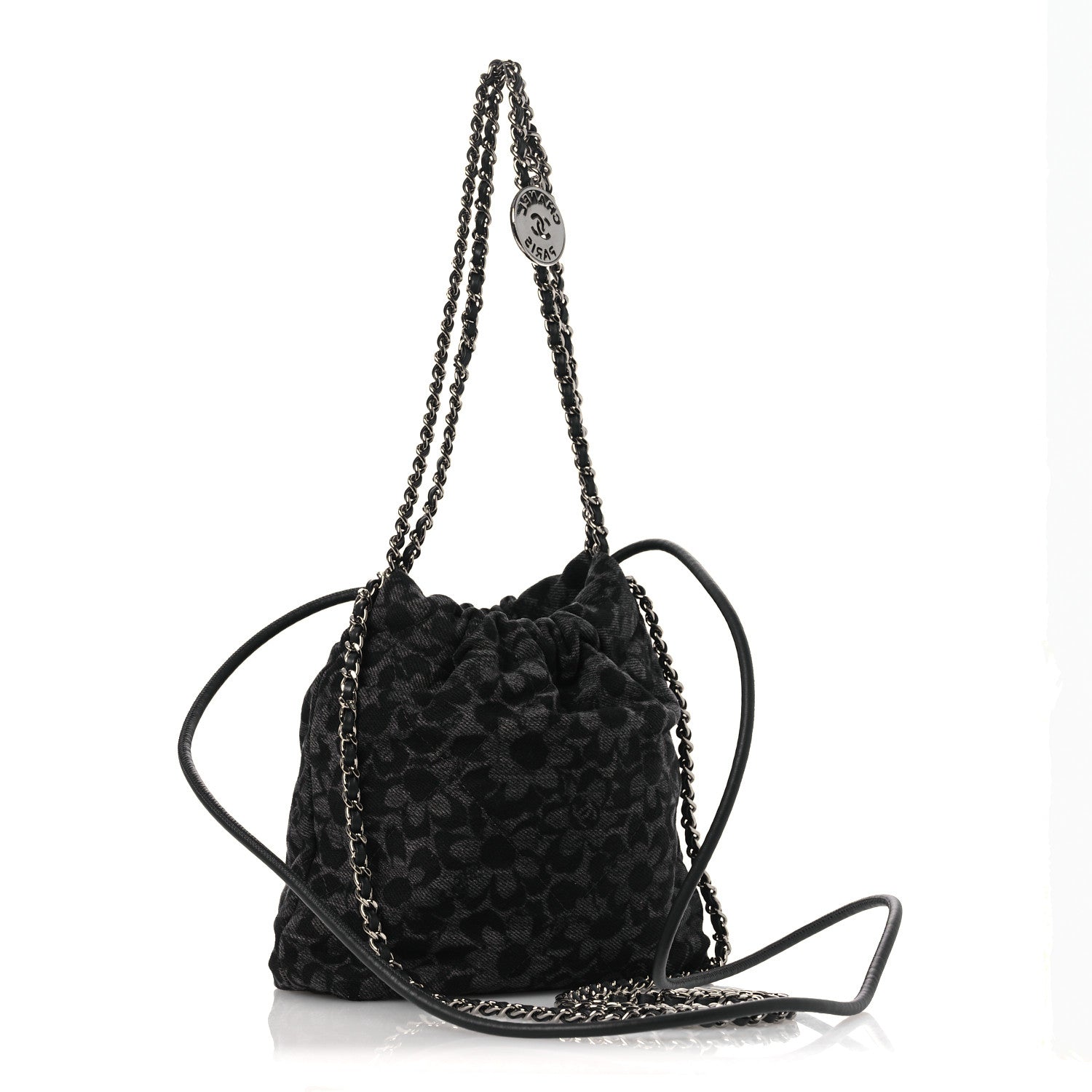 Chanel Denim Quilted Floral Print Mini Chanel 22 Black Grey