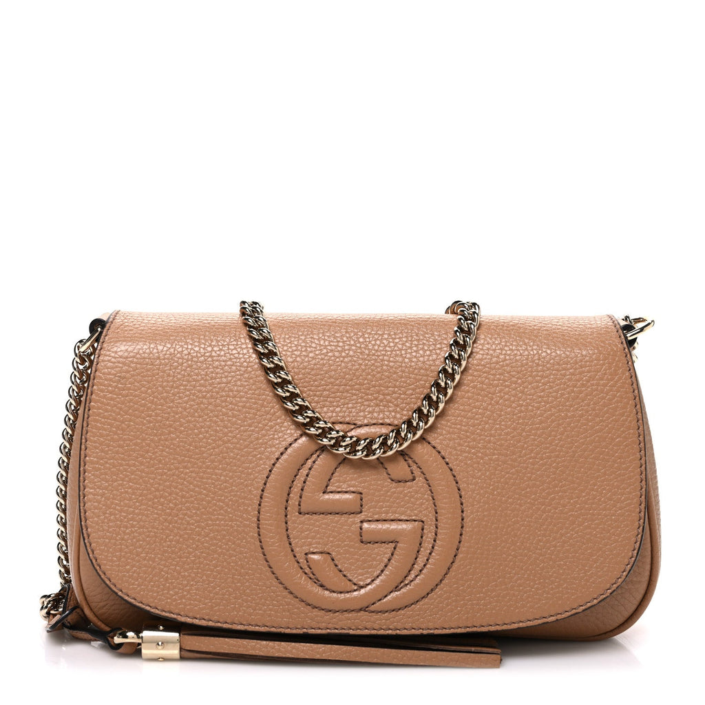 Gucci Pebbled Calfskin Medium Soho Flap Crossbody Camelia