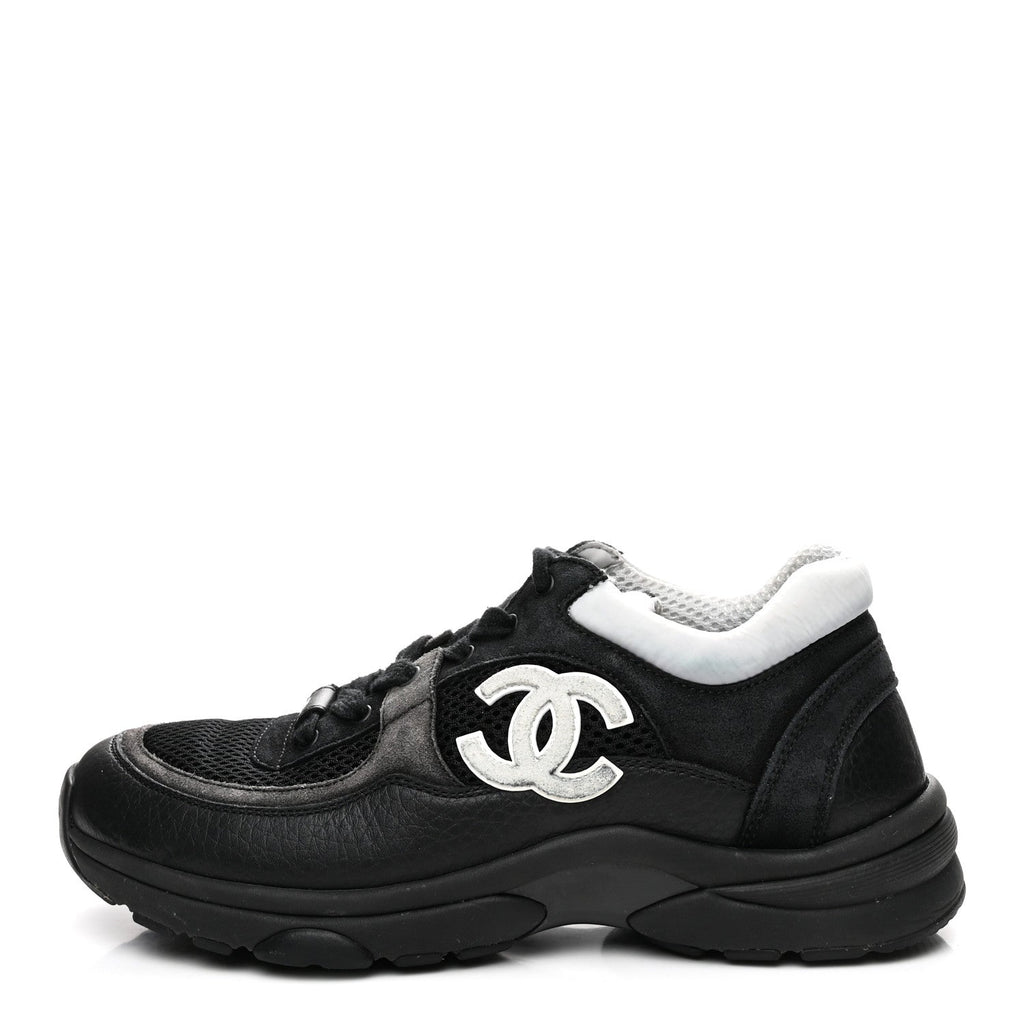 Mesh Suede Grained Calfskin Womens CC Sneakers 36 Black White