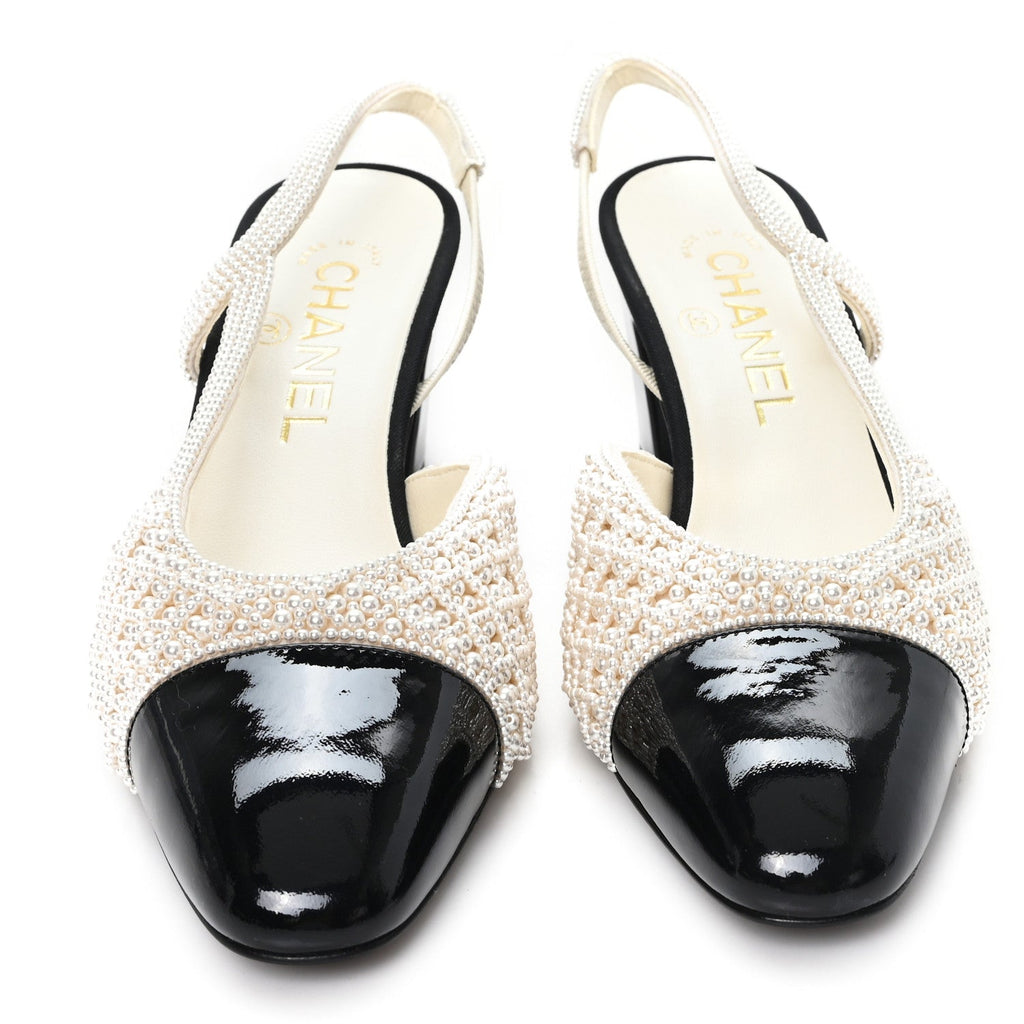 Pearl Patent Cap Toe CC Slingback Pumps 37 Ivory Black