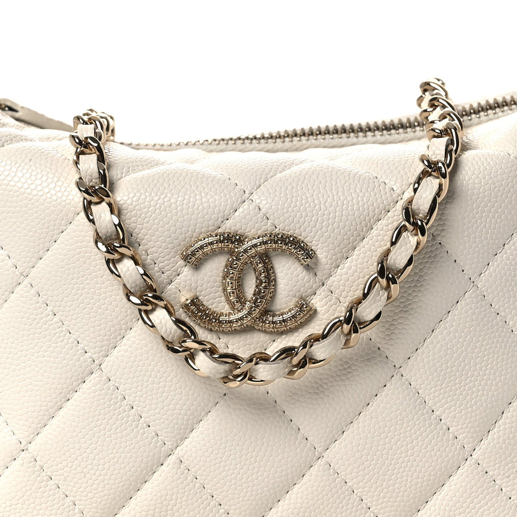 Chanel Caviar Quilted Hobo Clutch With Chain White