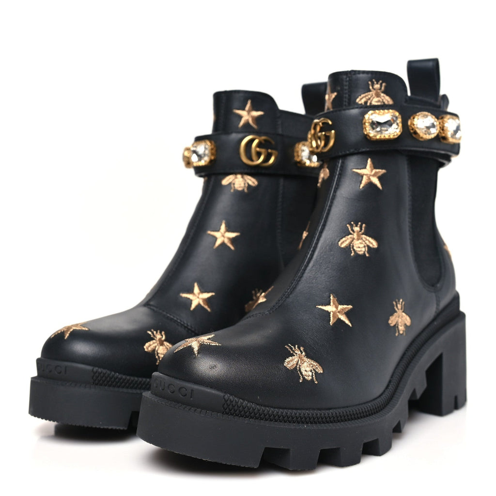 Gucci Calfskin Bee Star Embroidered Belt Ankle Boots 36.5 Black