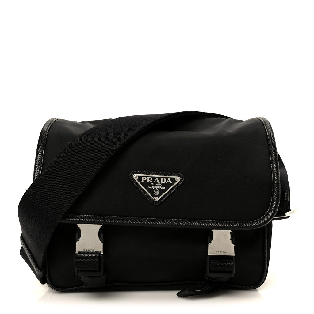 Prada Re-Nylon Saffiano Pocket Double Snap Buckle Shoulder Bag Black