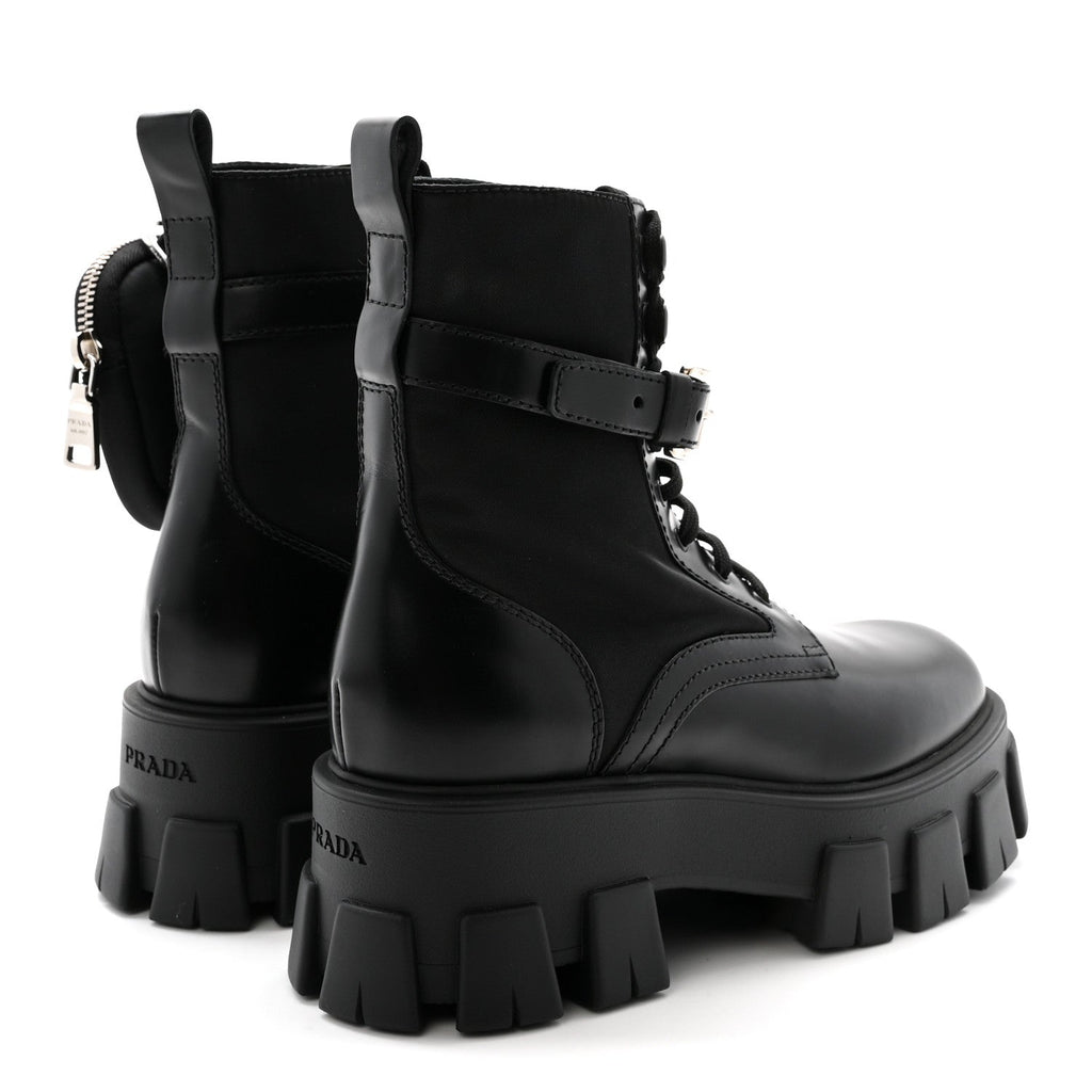Prada Spazzolato Rois Nylon Metal Triangle Logo Monolith Pouch Pocket 55mm Boots 37 Black