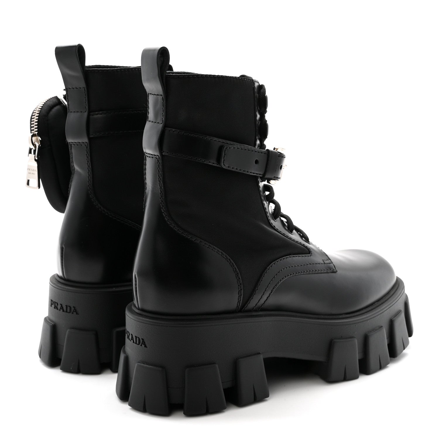 Prada Spazzolato Rois Nylon Metal Triangle Logo Monolith Pouch Pocket 55mm Boots 37 Black