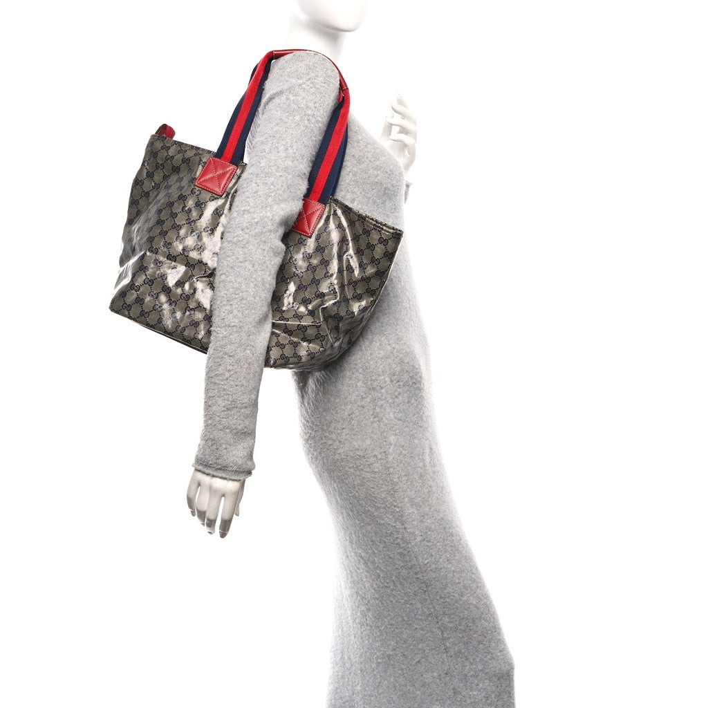 Gucci Crystal Monogram Large Web Handle Bucket Tote Red