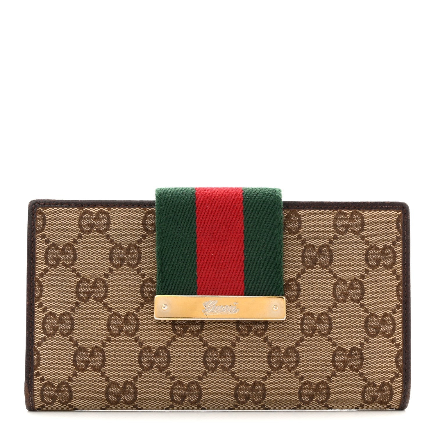 Gucci Monogram Calfskin Ladies Web Continental Wallet Beige Ebony Cocoa