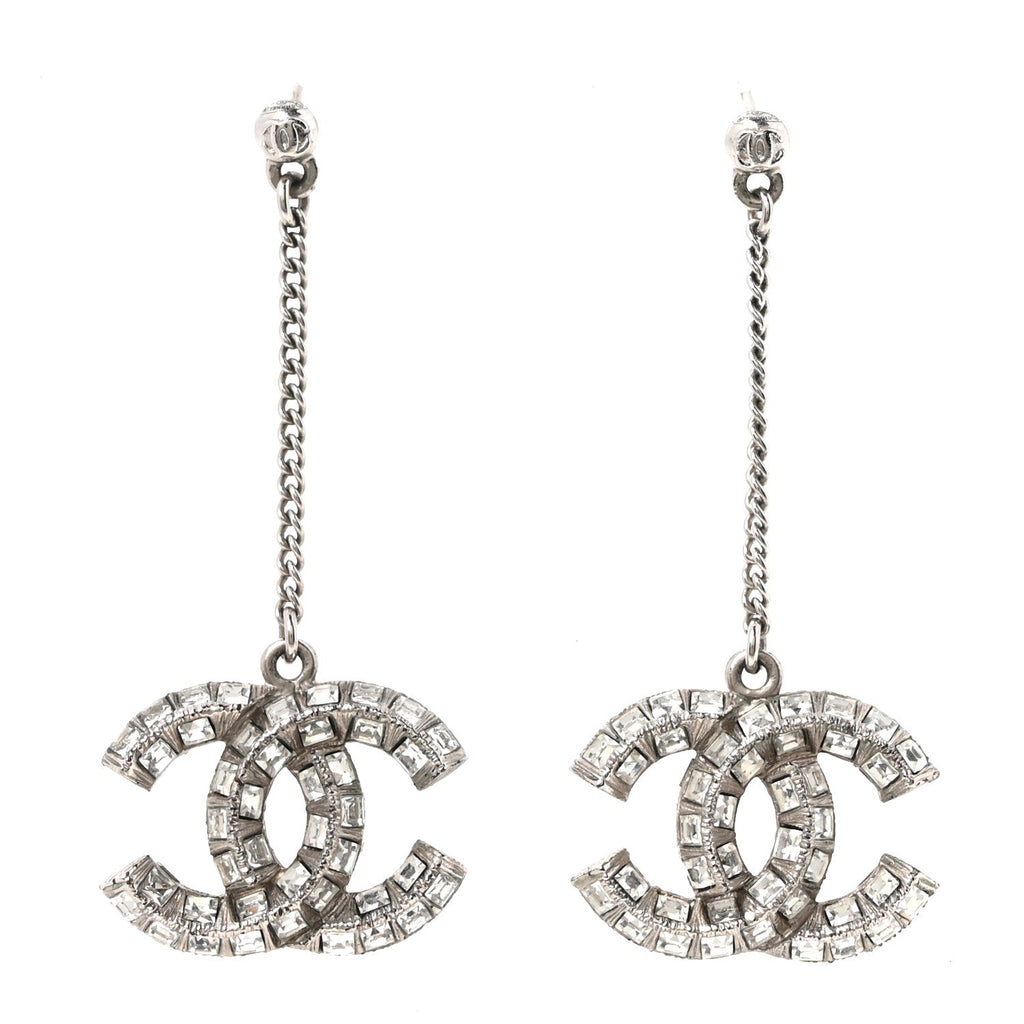 Baguette Crystal CC Drop Earrings Silver