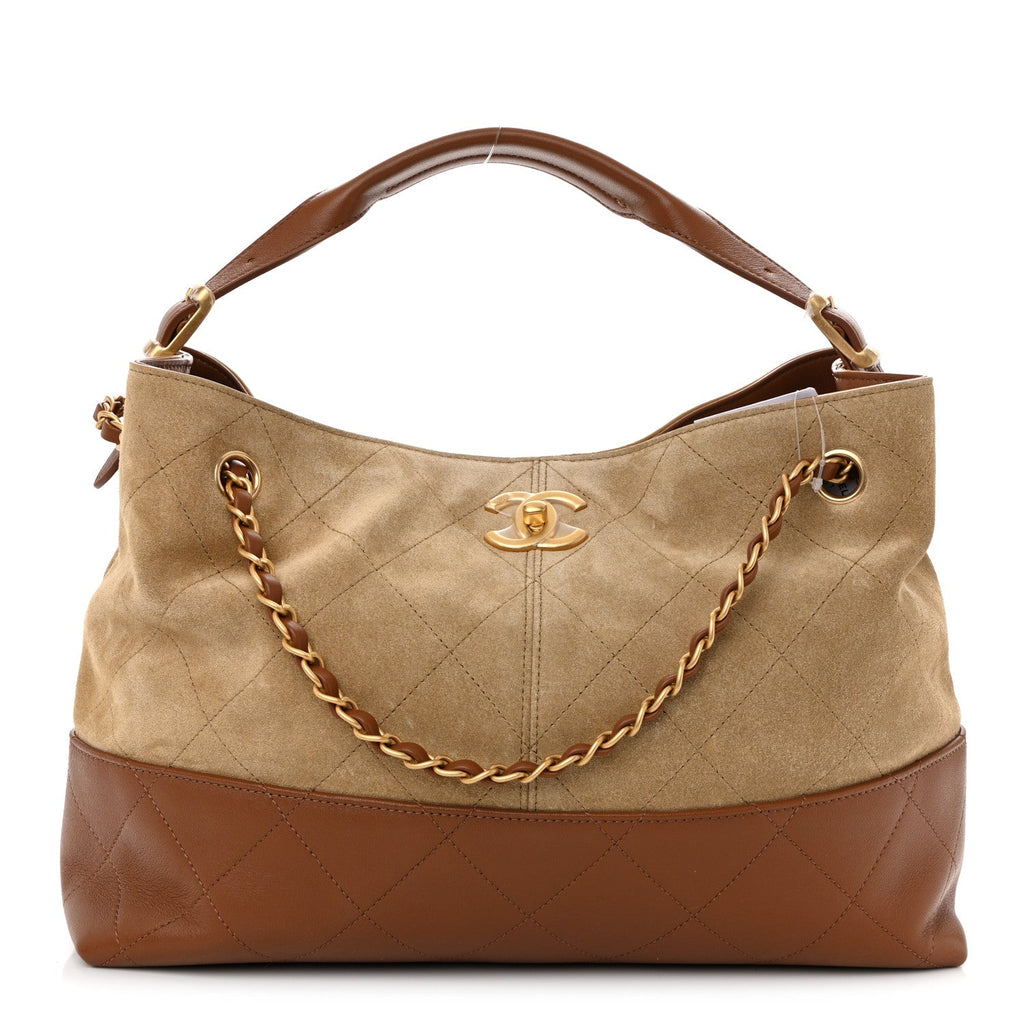 Chanel Suede Calfskin Shiny Lambskin Quilted Small Coco Base Shopping Bag Beige Camel