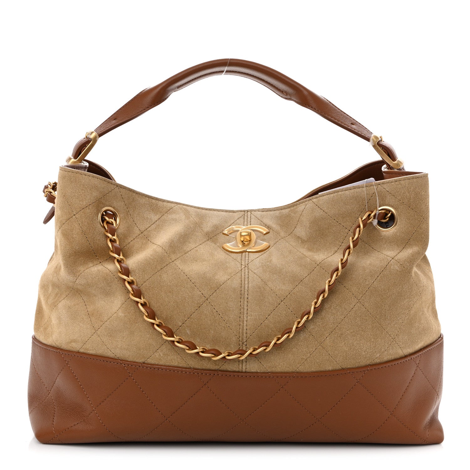Chanel Suede Calfskin Shiny Lambskin Quilted Small Coco Base Shopping Bag Beige Camel