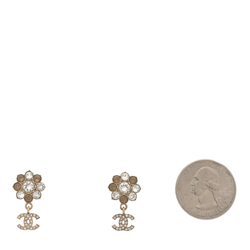Crystal CC Flower Dangle Earrings Gold Beige
