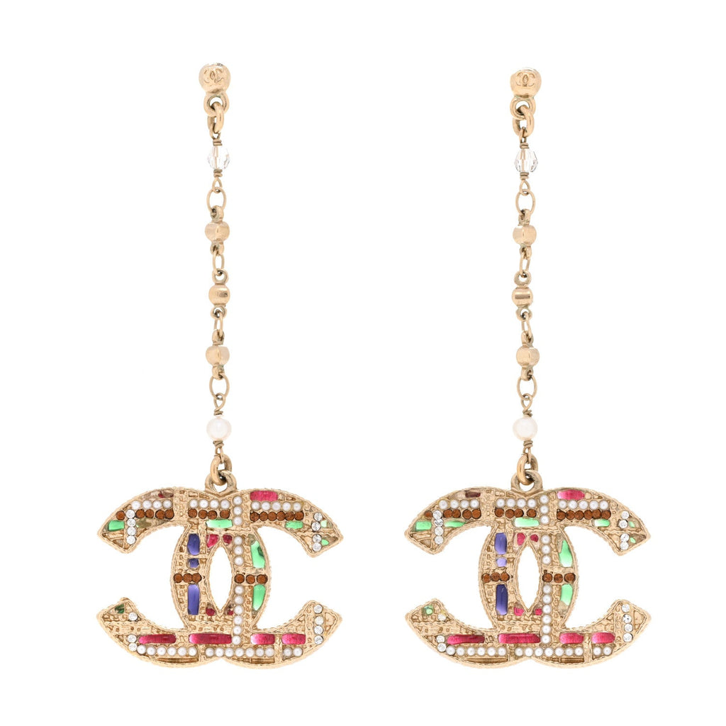 Pearl Crystal CC Tweed Drop Earrings Gold Brown Green
