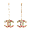 Pearl Crystal CC Tweed Drop Earrings Gold Brown Green