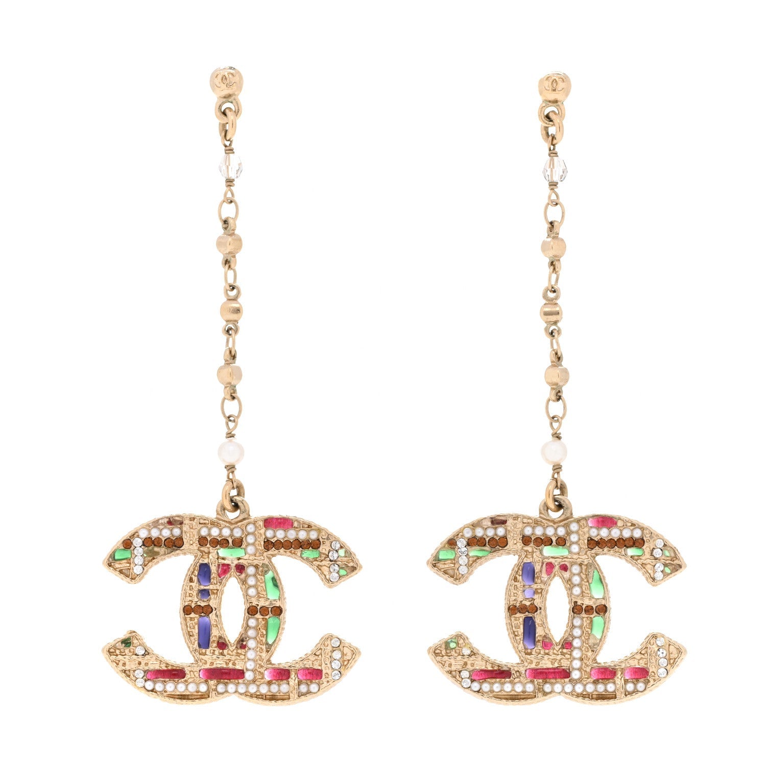 Pearl Crystal CC Tweed Drop Earrings Gold Brown Green