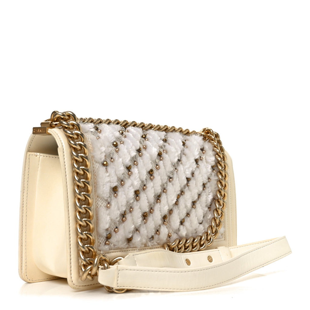 Chanel Lambskin Tulle Embroidered Medium Boy Flap White
