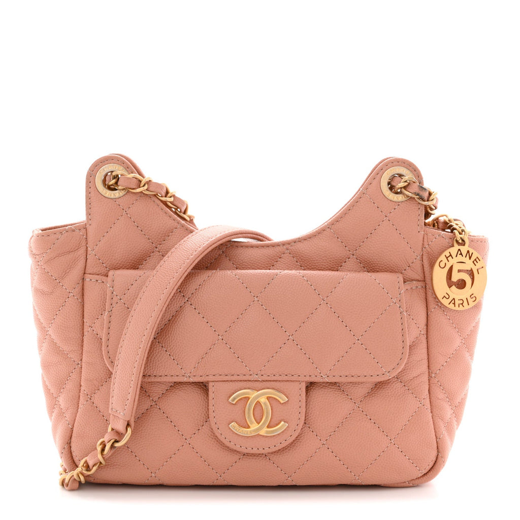 Chanel Caviar Quilted Small Wavy CC Hobo Coral