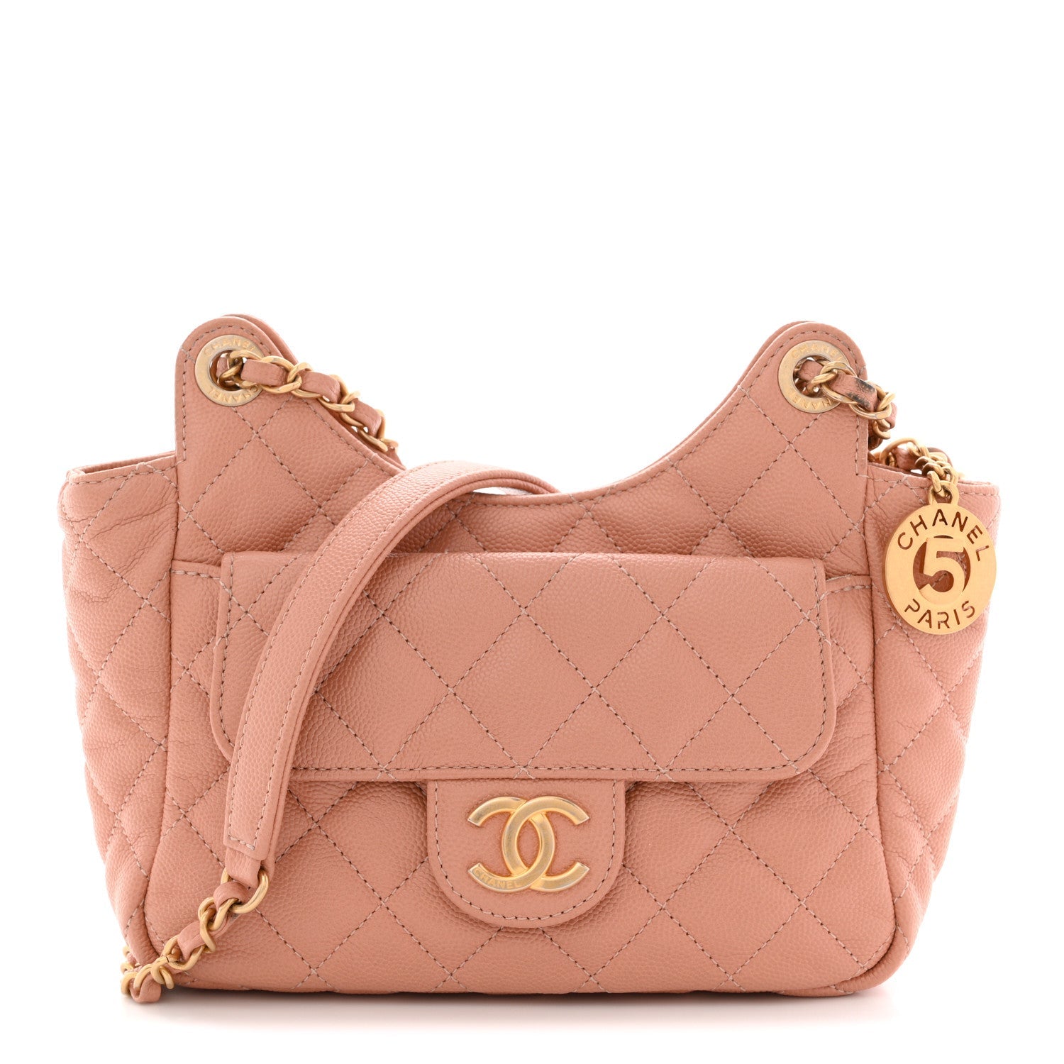 Chanel Caviar Quilted Small Wavy CC Hobo Coral