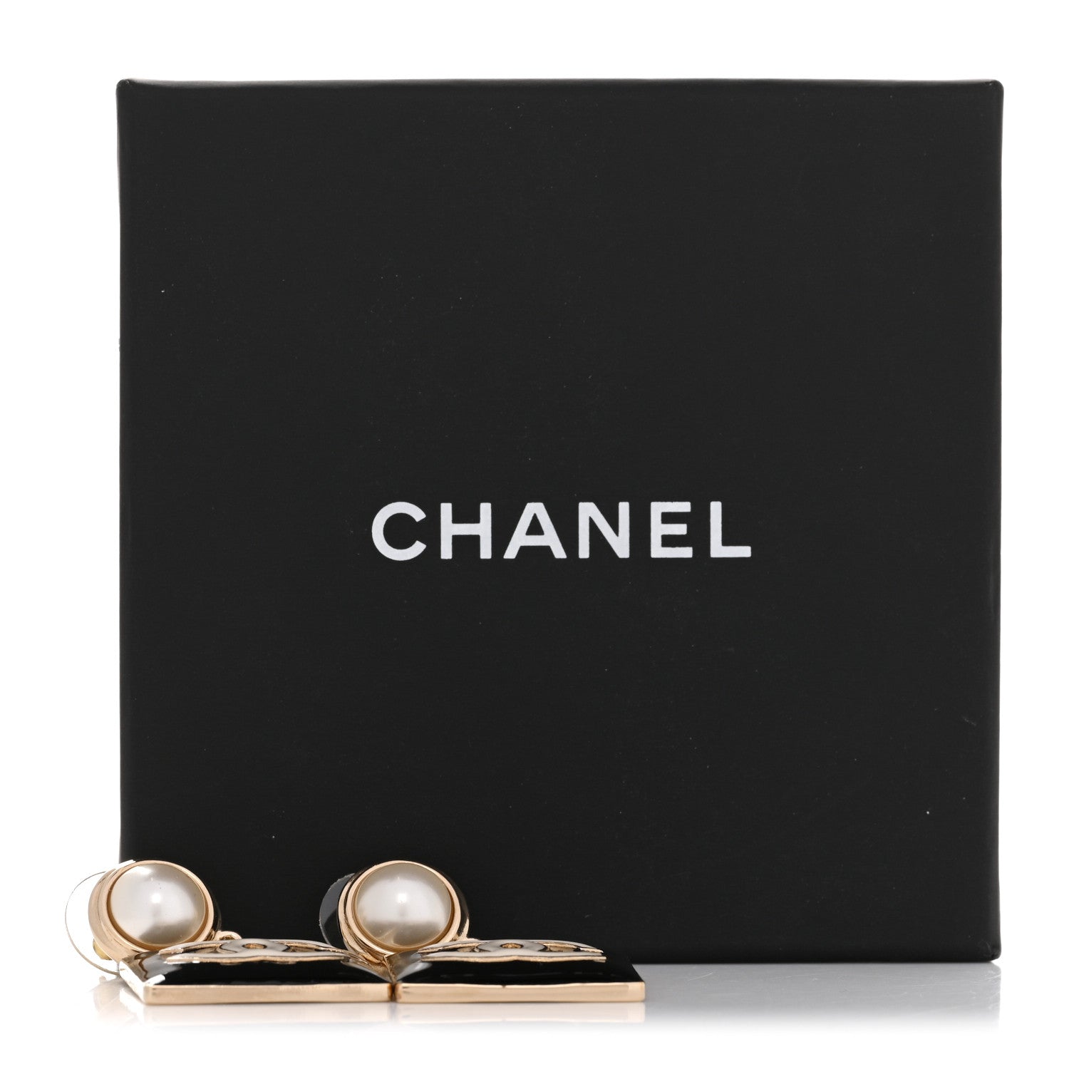 Metal Enamel Pearl Square CC Drop Earrings Gold Black White