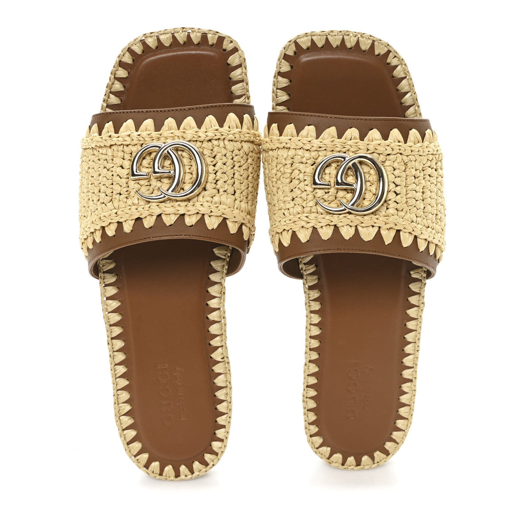 Gucci Raffia Interlocking G Flat Slide Sandals 37.5 Bright Natural Sundial