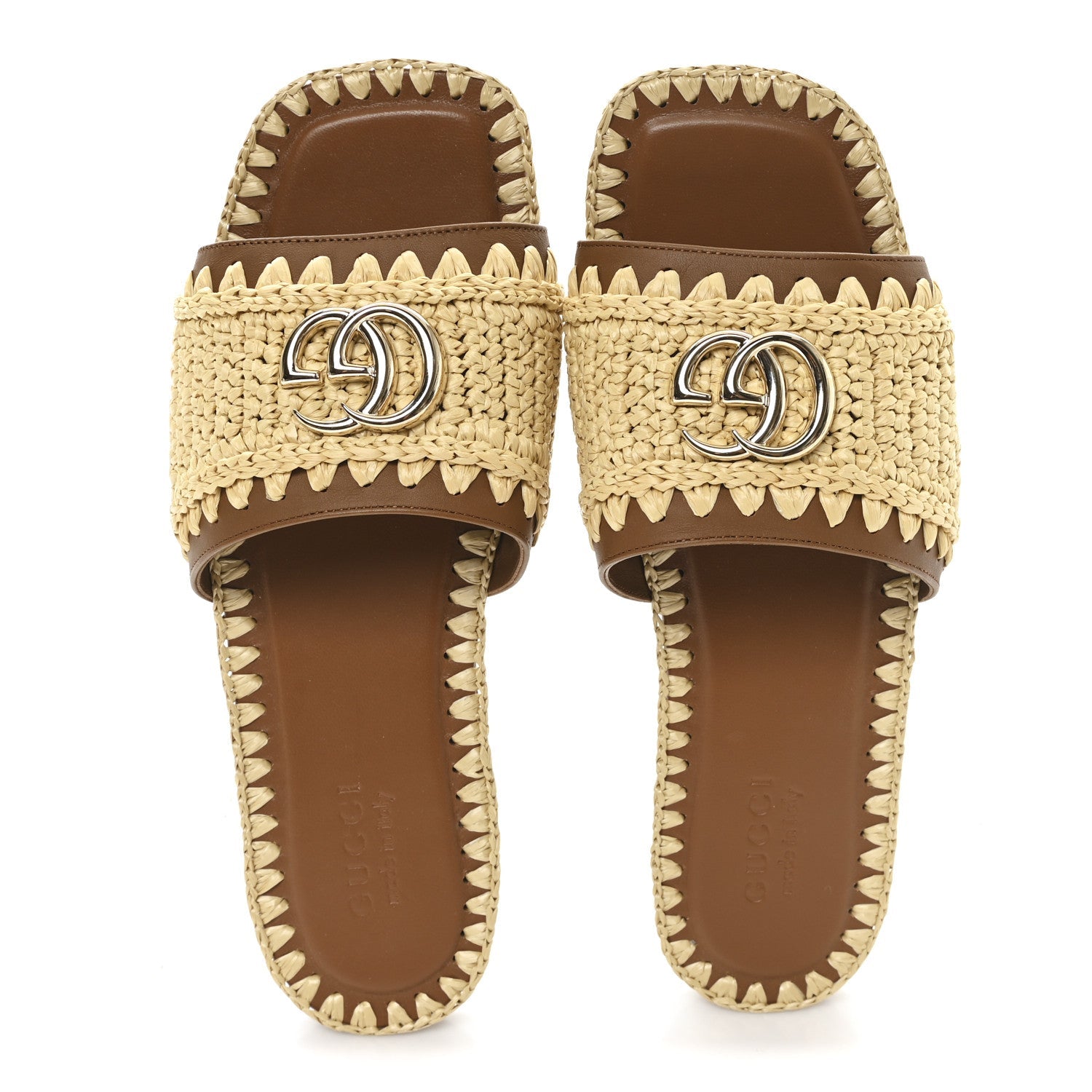 Gucci Raffia Interlocking G Flat Slide Sandals 37.5 Bright Natural Sundial