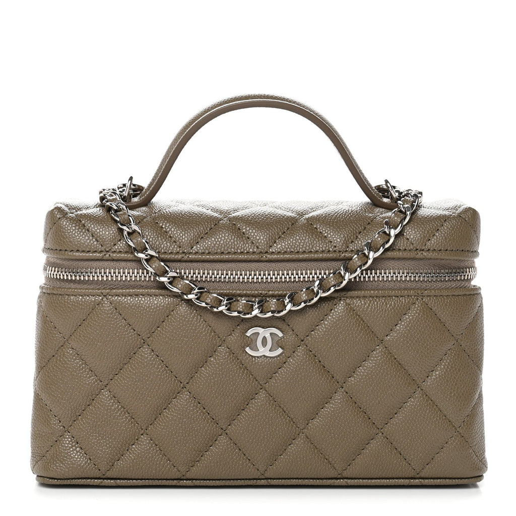 Chanel Caviar Quilted Top Handle Slim Vanity With Chain Dark Khaki