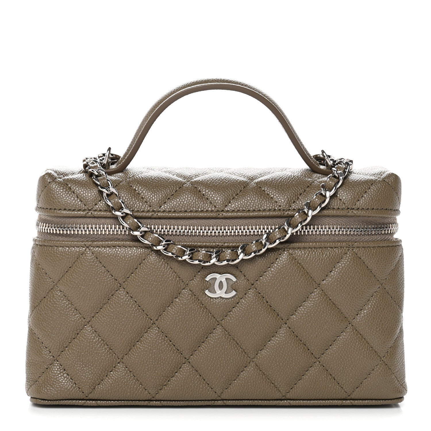 Chanel Caviar Quilted Top Handle Slim Vanity With Chain Dark Khaki
