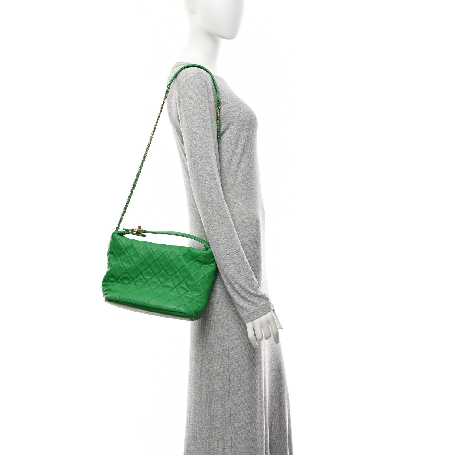 Chanel Lambskin Quilted Large Perfect Meeting Hobo Green