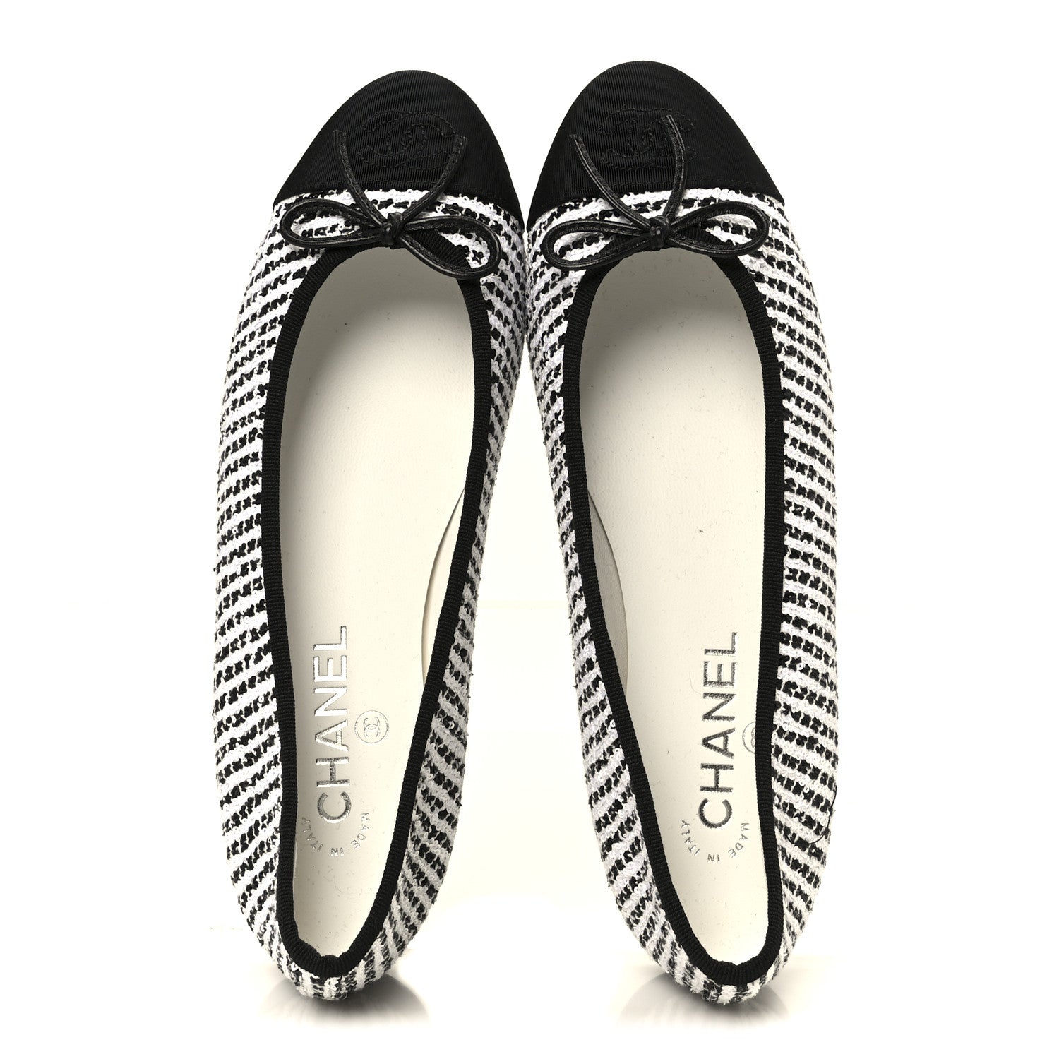 Chanel Tweed Sequin Grosgrain Cap Toe Ballerina Flats 39.5 Black White