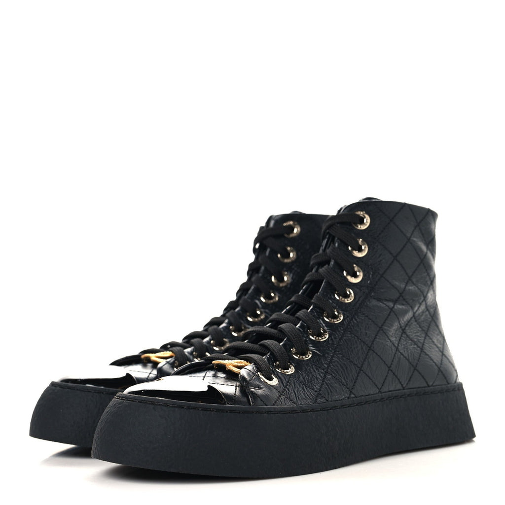 Crumpled Lambskin Patent Cap Toe CC Stitched High Top Sneakers 37.5 Black