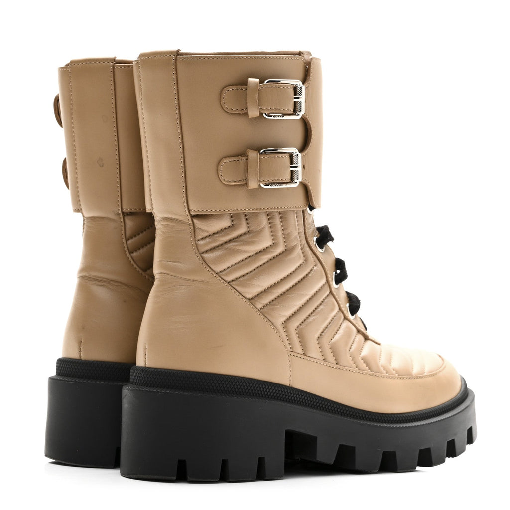 Gucci Nappa Frances GG Matelasse Platform Combat Boots 35 Natural Tan