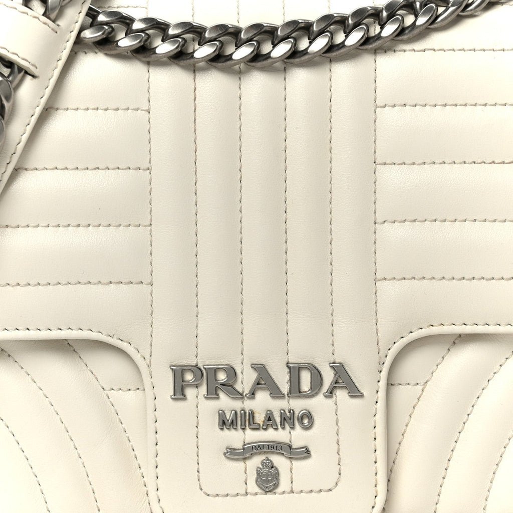 Prada Soft Calfskin Impunture Diagramme Medium Chain Flap Shoulder Bag White