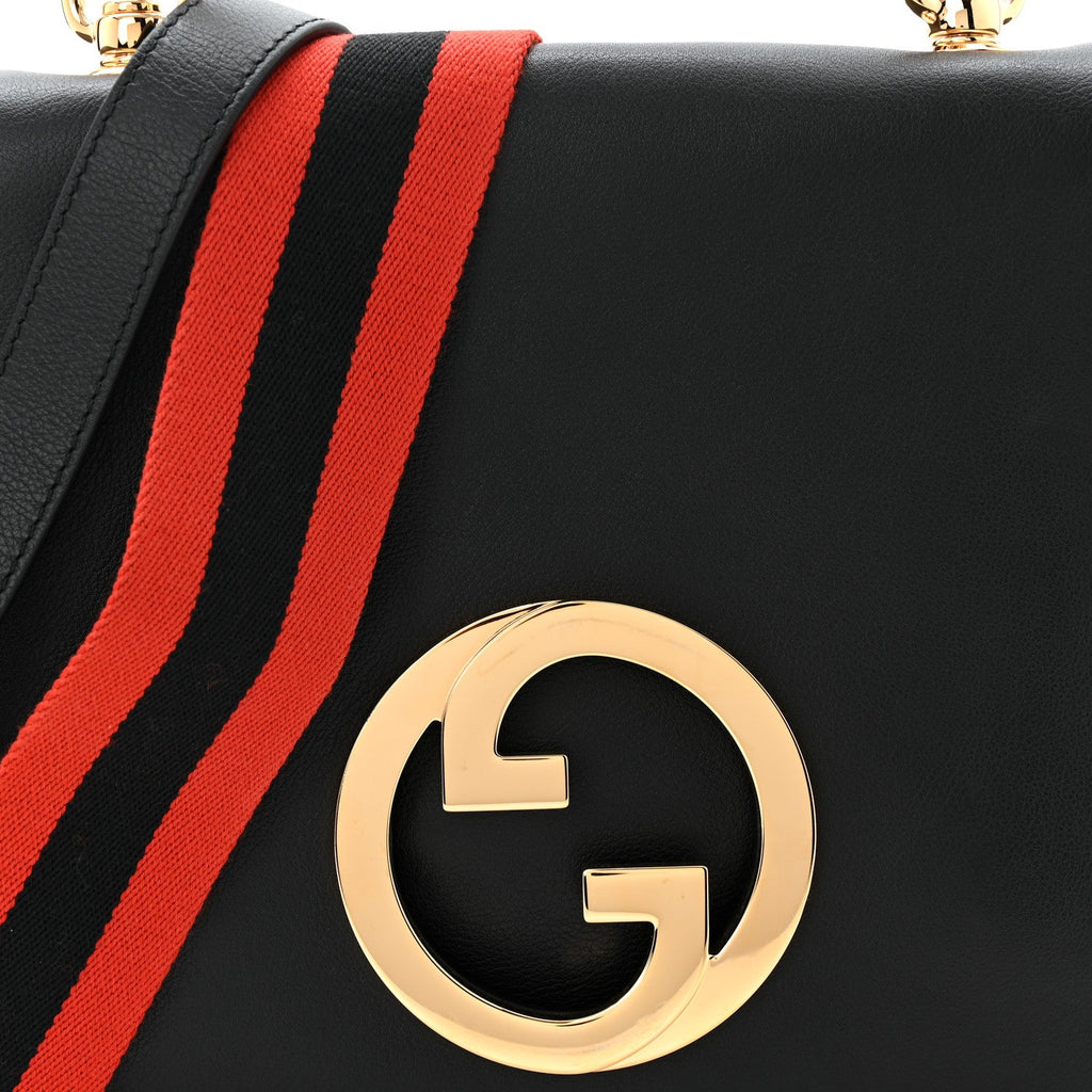 Gucci Roxy Calfskin Web Medium Blondie Top Handle Shoulder Flap Bag Black