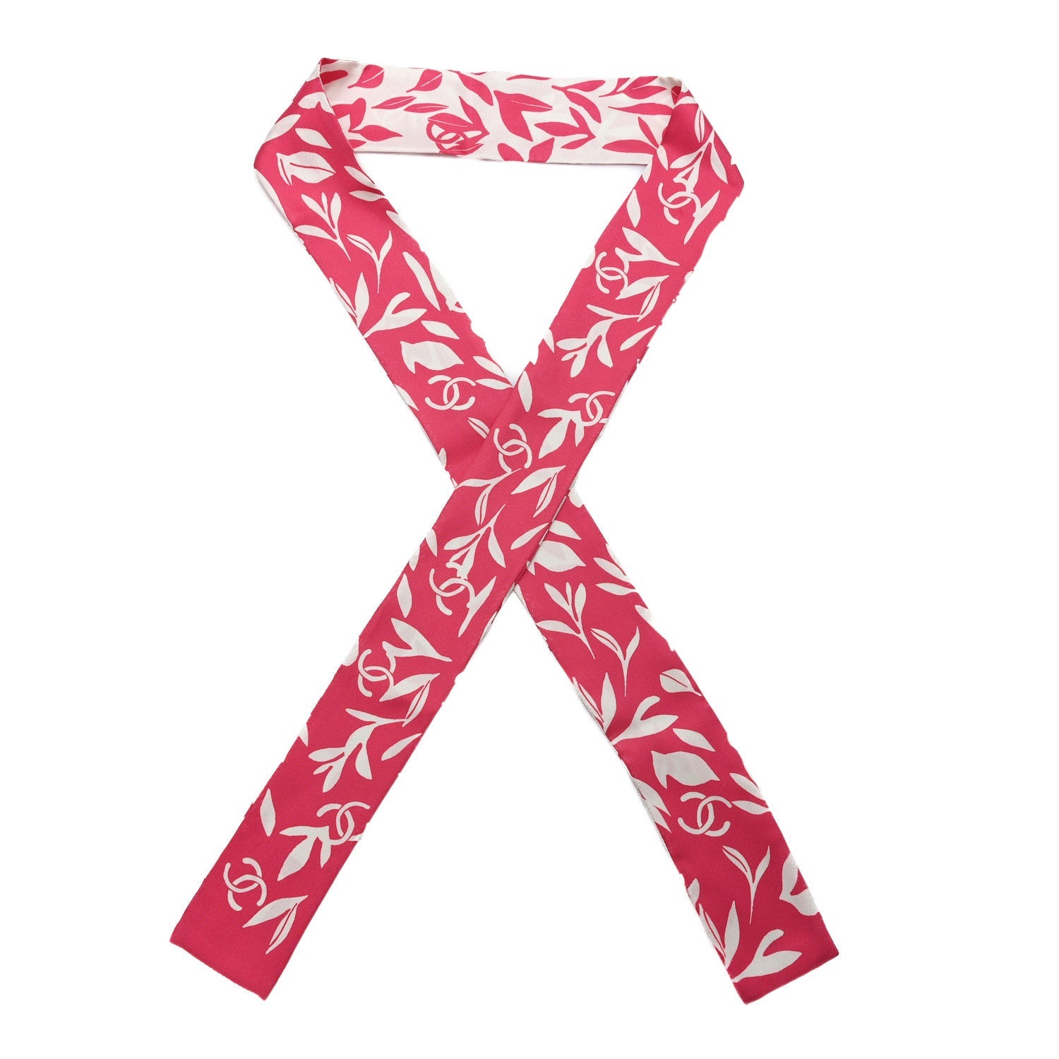 Chanel Silk Twill Slim Leaf CC Bandeau Scarf Pink White