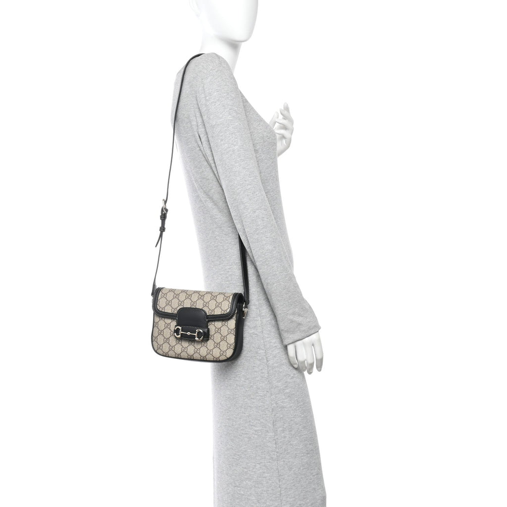 Gucci GG Supreme Monogram Horsebit 1955 Soft Small Shoulder Bag Beige Black