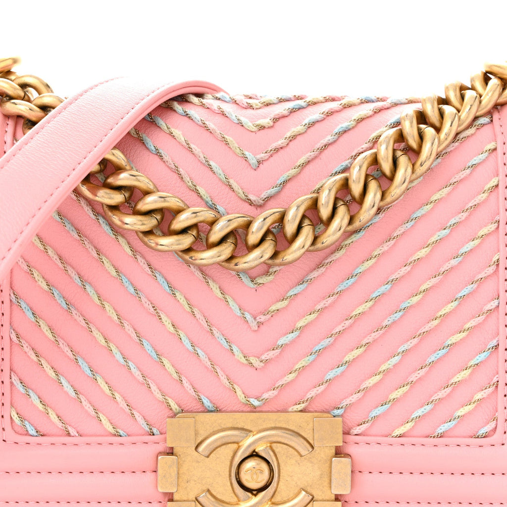 Chanel Calfskin Chevron Embroidered Small Boy By The Sea Flap Pink